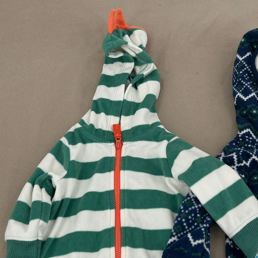 Carter's Fleece Jumpsuit Baby 3M Green Navy Striped Fair Isle‎ Hooded Cozy Dino